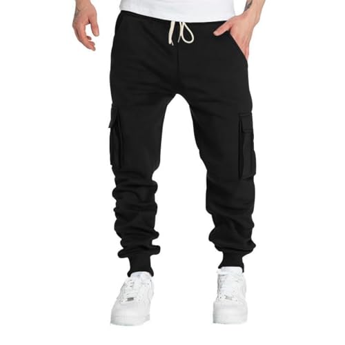 Men Cargo Sweatpants Fleece Joggers Pants Elastic Wide Leg Durable Sweatpants Stretch Streetwear Trousers with Pockets