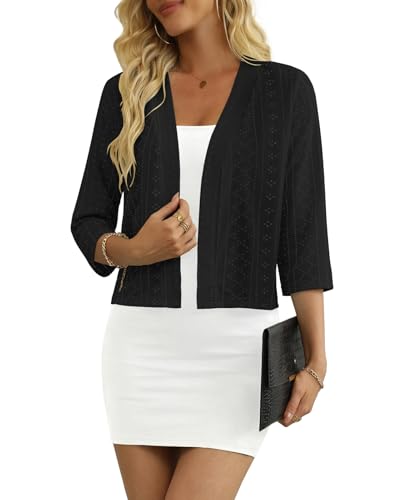 MLXSJ Women's 3/4 Sleeve Cropped Cardigan Lightweight Open Front Shrug Cardigans (Black, L)