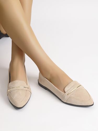 Image of Pointy Toe Penny Loafers for Women Dress Office Work Flats Shoes | Comfortable Women's Faux Suede Leather Slip On Flat Loafers for Driving Business Casual Cute Ballet Shoes