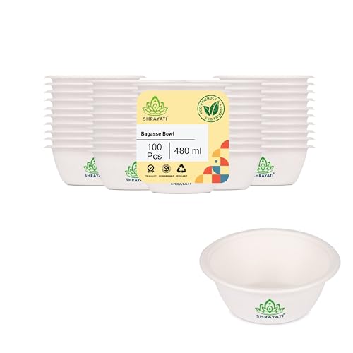 Image of Shrayati Sugarcane Bagasse Bowls, 480 ml, 100 Pcs, Biodegradable Bagasse Disposable Round Bowls for Convenient and Sustainable Eating