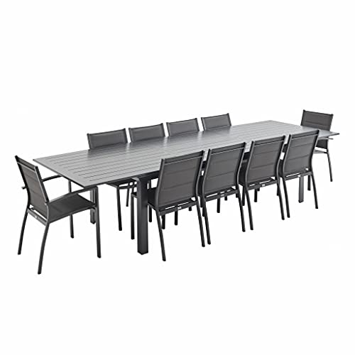 sweeek Alice's Garden - Table de Jardin Extensible Aluminium + 10 assises - Odenton Anthracite - Grande Table en Aluminium 235/335cm avec rallonge et 10...