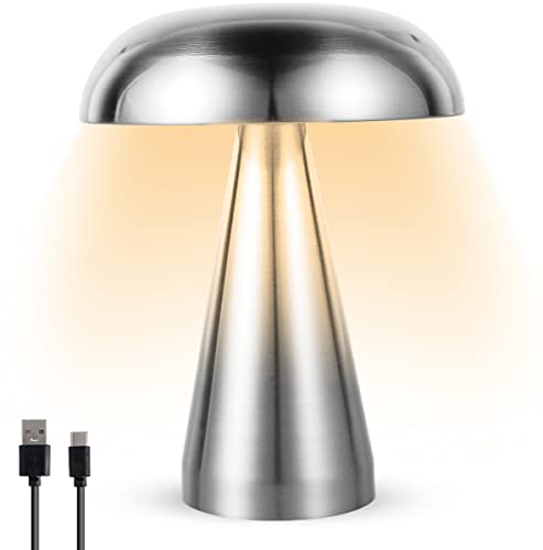 Mushroom Table Lamp USB Rechargeable Desk Lamp Portable Cordless LED Desk Light Touch Control Night Light with 3 Color Dimming Decorative Metal Bedside Lamp for Bedroom Living Room Dining Room(silver)