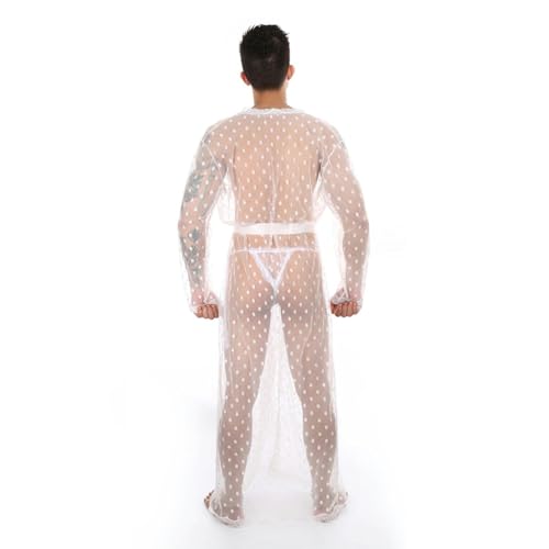 Kimono de lunares para hombre albornoz de encaje blanco largo con abertura 5
