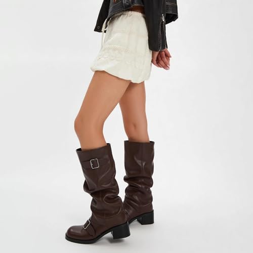 Image of Goolita Women's Buckle Biker Knee High Boots Square Toe Chunky Heel Star Moto Mid Calf Boots Slip On Motorcycle Riding Boot