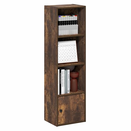Image of Furinno LUDER Book Shelf, 4-Tier Bookshelf with Open Shelf, Standing Bookcase with 1 Door Cabinet, 9.3 x 12 x 41.8, for Organization and Storage, for Living Room, Bedroom, Home Office, Amber Pine