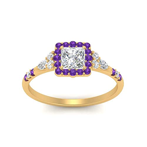 Image of Choose Your Color 14k Yellow Gold Plated Princess Shape Petite Engagement Rings Halo Edwardian Engagement Ring Everyday Wedding Jewelry Handmade Gifts for Wife : US Size 4 to 12