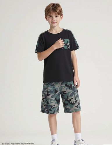 Image of mksodopy Boys Summer Outfit Set 2 Piece T Shirt and Camo Shorts Casual Clothes for Little Big Boys 5-16