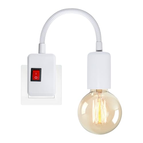 Portalampada E27 con Interruttore, 20CM Flessibile Collo di Cigno Braccio, Bianco Porta Lampada con Spina, Lampada Muro con Presa, Portalampada da Parete per Illuminazione Interna, Senza Lampadine