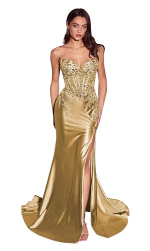 Satin Mermaid Prom Dresses for Women 2025 Strapless Sparkly Sequin Lace Appliques Evening Formal Dress with Slit