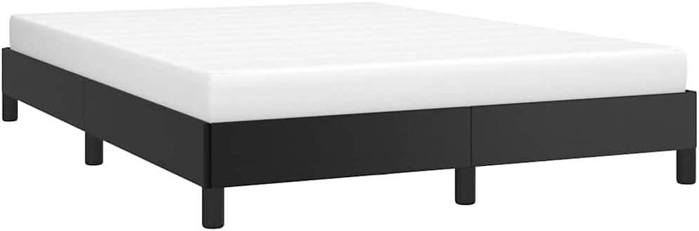 Bed Frame Black Faux Leather with Engineered Wood Platform Queen Size, Sturdy Heavy-Duty Slatted Foundation, Modern Minimalist Bedroom Furniture for Stable Mattress Support