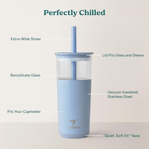 Image of REDUCE Aspen 20 oz Vacuum Insulated Glass Tumbler with Lid & Extra Wide Straw - Keeps Drinks Cold for 12 Hrs - Ideal for Iced Coffee, Smoothies & Boba - Dishwasher Safe, Soft Base - Glacier