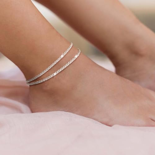 Image of Robaice Ankle Bracelets for Women, Glitter Waterproof Adjustable Anklet for Women, 14K Gold Plated /Sterling Silver Layered Anklets, Summer Beach Anklet Jewelry for Women Gift