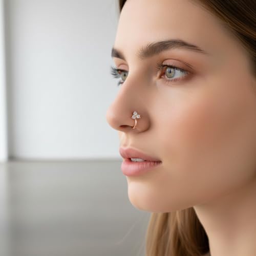 Image of Nilu's Collection Rose Gold American Diamond Non Piercing Nose Pin for Women | Elegant Flower Nose Stud | Minimal Clip-On Nose pin | Anti-Allergy | Anti-Tarnish | Office Wear | Daily Wear | office Wear | Non Piercing