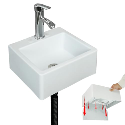 Small Bathroom Sink Wall Mount Bathroom Sink Wash basin, bathroom vessel sinks above counter sink Rectangular No-Drill Installation Self-Adhesive Sink 13 x11.5 Inch Rv sink Plastic Sink for Home Dorm