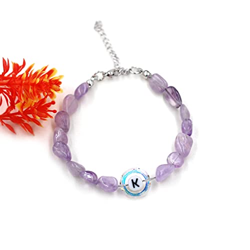 Image of Uloveido Purple Natural Stone and Austrian Crystal Letter Bracelet, Personalized Initial Jewelry for Women A-Z 26 Letters