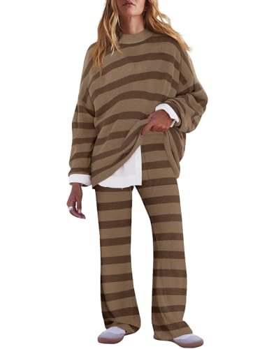 LAMISSCHE Oversized Womens Lounge Set Striped Sweater Set Long Sleeve 2 Piece Pajama Set Top and Pants with Pockets