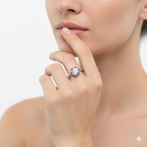 Image of 55Carat Choose Your Gemstone 6 Petal Ring Sterling Silver Round Shape Halo Engagement Rings Well Shaped for Any Gift Giving Occassion Modern Style Enchating Women US Size 4 to 12