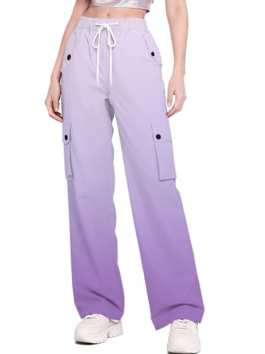 Image of Betusline Girls & Women's High Waist Wide Leg Cargo Pants Y2K Parachute Pants with Pockets and Drawstring 6 Years-Women 2XL