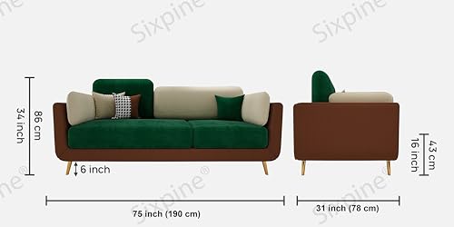 Image of Sixpine Luxury Dual Color Upholstery Sofa in Premium Velvet | Solid Wood Structure | Sturdy Golden Legs | High Density Foam | Extra Comfort for Modern Living Room (Green & Beige, 3 Seater)