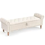 Furniliving 63” End of Bed Bench, Bedroom Bench with Button-Tufted, Large Upholstered Storage Ottoman Benches Entryway Bench with Storage Shoe Cabinet Bench, for Bedroom, Living Room, Linen, Beige