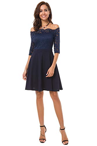 Atnlewhi Womens Vintage Lace Off Shoulder Puffy Swing Dresses Sexy Mini Dress for Party Cocktail,Swing-Blue,S - Thumbnail 7