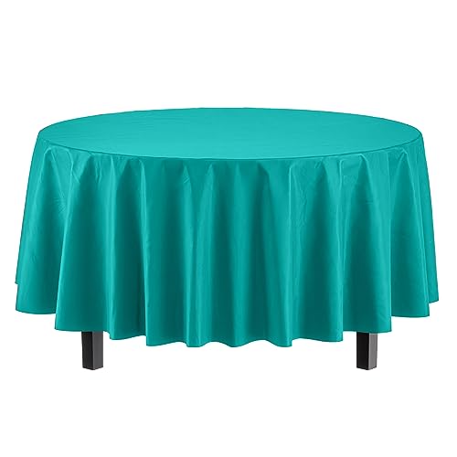 Image of Party Solids Teal Round Plastic Tablecloth - 84 Inch, Pack of 24