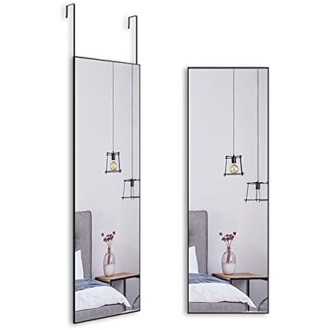 BEAUTME Door Mirror Full Length,Mirror for Bedroom,Wall Mounted/Hanging Mirror with Adjustable 2 Hooks,Aluminum Alloy Black Frame Mirrors(106x35CM,Black) Cover