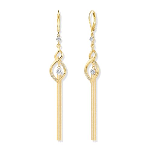 ALEXCRAFT Boucles d'Oreilles Longues en Argent 925, Boucles d'Oreilles Pendantes Femme avec Pompons Zircons, Forme de Feuille, Or 14 Carats,...