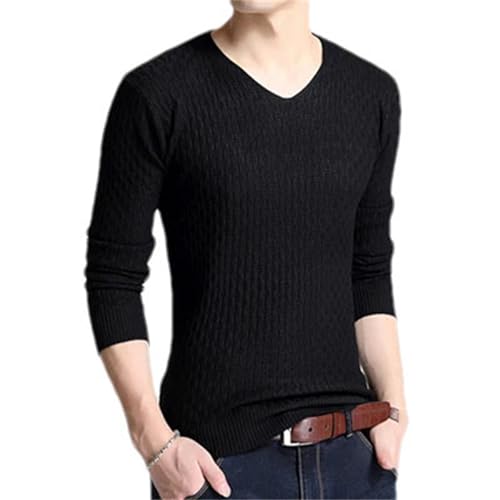 Mens V Neck Sweater Solid Color Long Sleeve Slim Fit Pullover Fall Winter Business Knitting Sweater