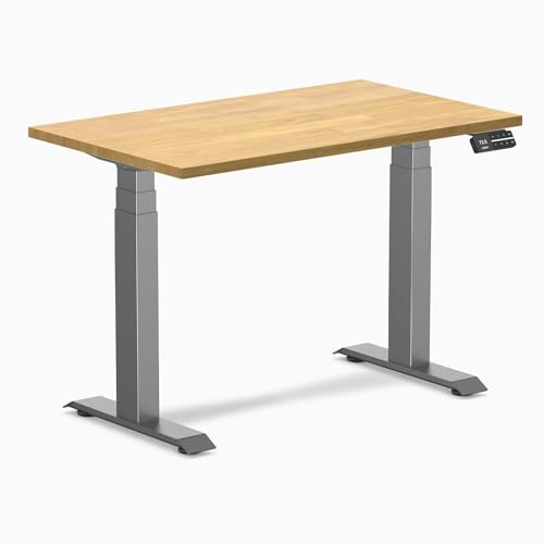 Image of Desky Small Electric Standing Desk, 40 x 24 inches Rubberwood Height Adjustable Sit Stand Desk with Dual Motor and Memory Presets, Compact Home Office Workstation - Light Oak Wood Top