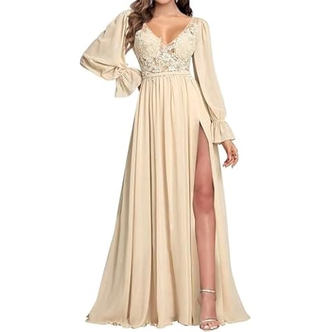 Absyore Long Puffy Sleeves Mother of The Bride Dresses for Wedding Guests V Neck Lace Formal Gowns for Slit Evening Party Lace up Back Champagne US10 Cover