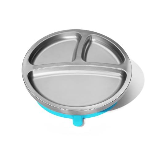 Image of Avanchy Baby Plates with Suction – Stainless Steel Divided Plates for Toddlers, BPA-Free, Dishwasher Safe, Unbreakable, Non-Toxic, 100% Silicone Suction – Blue