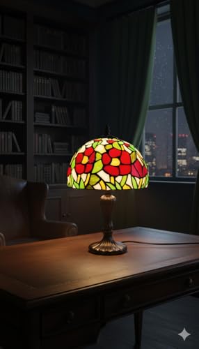 Image of Stained Glass Table Lamp, Red Green Floral with Antique Bronze Base, Decorative Bedside & Living Room Lamp (Free Bulb) (Design - 6) Free Bulb- 3 Color Options- Warm White, Cool White and Natural