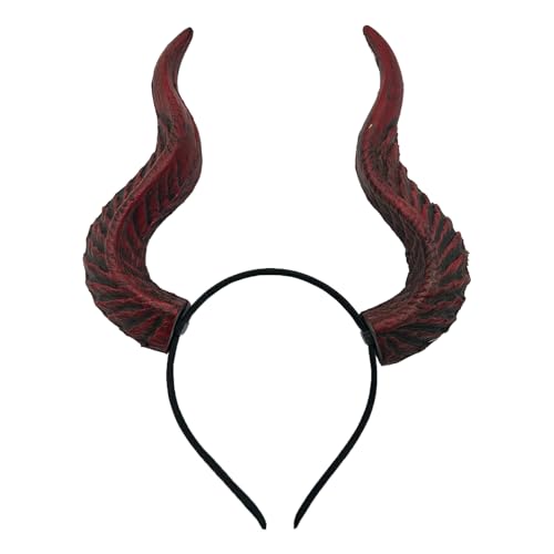 FakeFace Stierhörner Hörner Stier Stirnband Haarreif Schwarz Teufelshörner Ochse Kuh Hörner Halloween Horn Kopfschmuck Haarband Teufel Dämon Schafhörner Party Dress Up Fasching Gothic Cosplay (Rot)
