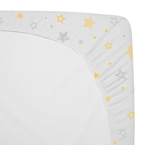 Image of American Baby Company 100% Natural Cotton Fitted Pack and Play Sheet 39 inch x 27 inch - Soft & Breathable Pack N Play Sheet for Playpen, Playard & Mini Crib Mattress, Yellow Super Star, for Boys & Girls