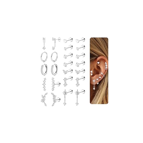 LOLIAS Hypoallergenic Flat Back Earrings Cartilage Earring Stacks - Surgical Steel Earrings for Sensitive Ears - Small Stainless Steel Flatback Stud Hoop Earring Sets for Helix Tragus Conch Daith Multiple Piercing Jewelry Trendy Silver