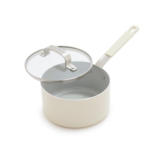 GreenPan x Bobby Flay - Cacerola de 1.67 cuartos de galón con tapa de vidrio, cerámica antiadherente sin PFAS ni PFOA, apta para inducción, mango de agarre de silicona que se mantiene fresco, apto