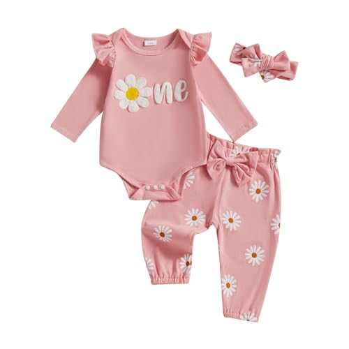 Geagodelia Baby Mädchen 1. Geburtstag Kleidung Babykleidung Outfit Set Langarm Body Strampler + Hose + Stirnband Neugeborene Weiche Babyset 1 Jahr Zweiteiler (Pink Gänseblümchen 12-18 Monate)
