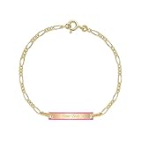 UNICORNJ 14k Yellow Gold Girls ID Bracelet Engravable with Pink Enamel Outline for Girls Kids Toddler Baby Figaro Chain 3+1 Links Made in Italy 5.5