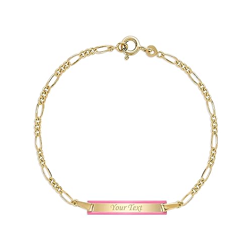 UNICORNJ 14k Yellow Gold Girls ID Bracelet Engravable with Pink Enamel Outline for Girls Kids Toddler Baby Figaro Chain 3+1 Links Made in Italy 5.5