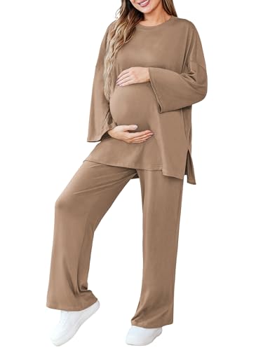 Image of FMEYOA Womens Maternity Pajamas Sets 2 Piece Outfits Long Sleeve Tops and Pregnancy Loungewear Mama Clothes with Pockets