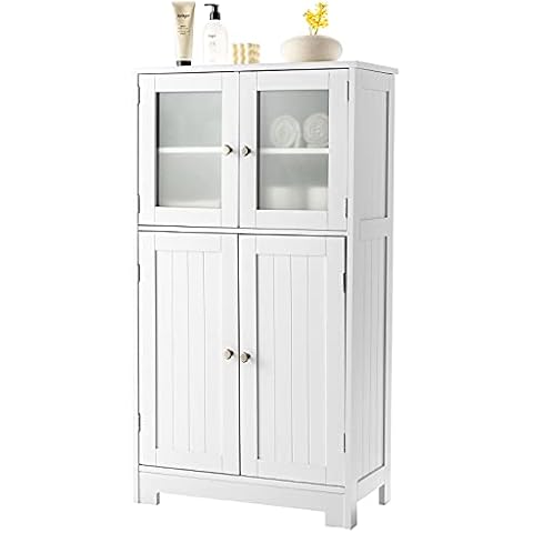 COSTWAY 4-türiger Badezimmerschrank, Wohnzimmerschrank freistehend, Aufbewahrungsschrank mit Glastüren, Küchenschrank Holz Cover