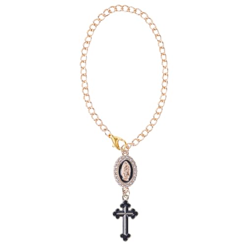 LuneClat Steering Wheel Rosary Car Charm - Black Catholic Cross Pendant with Virgin Mary, Religious Rearview Mirror Hanging Accessory for Cars Interior Decor & Protection Gift, 9 Inches