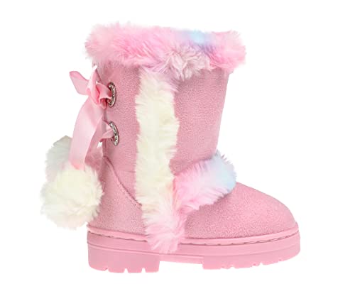 bebe Toddler Girl's Mid-Calf Microsuede Winter Boots with Faux Fur Trim and Sparkly Rhinestone Eyelets (Pink Multi, 8)