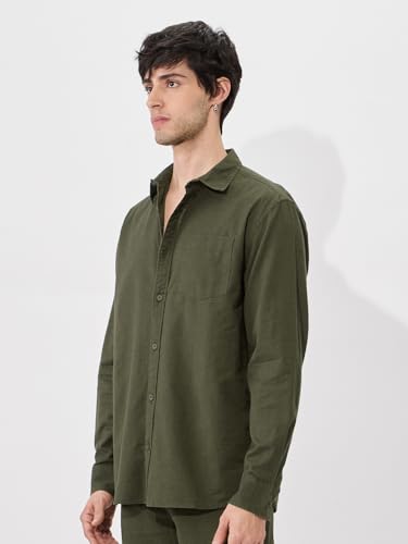 Image of The Souled Store Bold Black Men and Boys Long Sleeve Collared Neck Buttoned Front Regular Fit Cotton Linen Shirts
