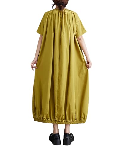 Image of ellazhu Women's Dress Short Sleeve V Neck Below Knee Solid Color Oversize Loose Casual Summer GZ236