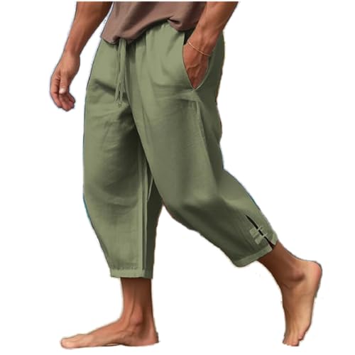 Envmb Mens Linen Lightweight Yoga Sweatpants 3/4 Shorts Elastic Waist Drawstring Harem Capri Beach Pants Green, Large