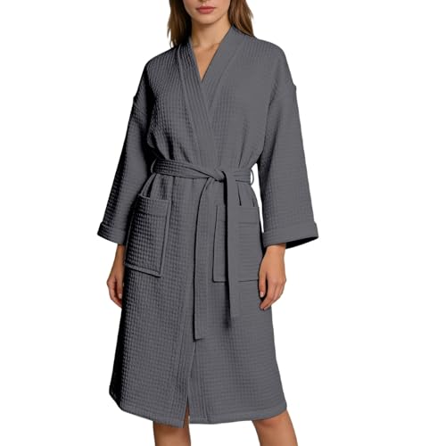 Albornoz De Casa Mujer Manga Kimono Waffle albornozs Nido Abeja Respirable Ropa De Dormir Con Cinturón Y Bolsillos
