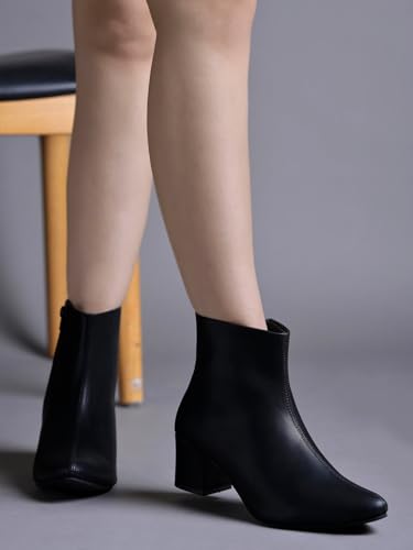 Image of Shoetopia Women's Ankle Boots - Faux Leather Pointed Toe Booties with Side Zip & Mid Block Heel for Work, Party & Everyday