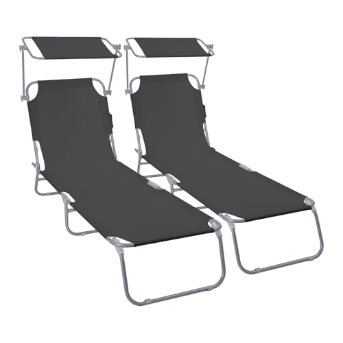 VOUNOT® Set di 2 Lettini Prendisole Pieghevole con Parasole, Sdraio da Spiaggia in Tessuto Poliestere Schienale Regolabile 4 Posizioni, Portata 120kg, per Giardino, Terrazza e Piscina, Nero